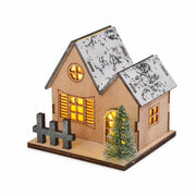 Style A wooden LED Christmas house with two gabled sections, tree and fence on pure white