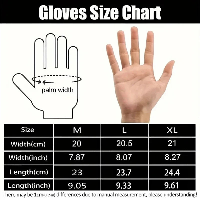 Supplier size chart for the gloves, sizes M, L and XL