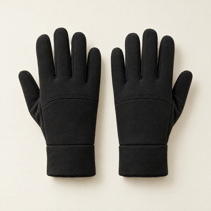 Pair of black winter gloves on a warm off-white studio surface