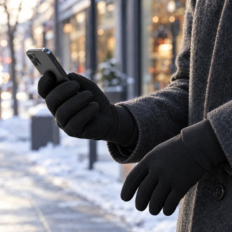Black winter gloves holding a smartphone in a winter street