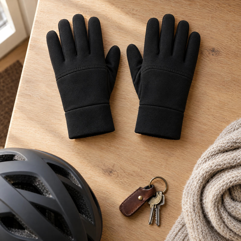 Flat lay of black winter gloves with a bike helmet and a knit scarf