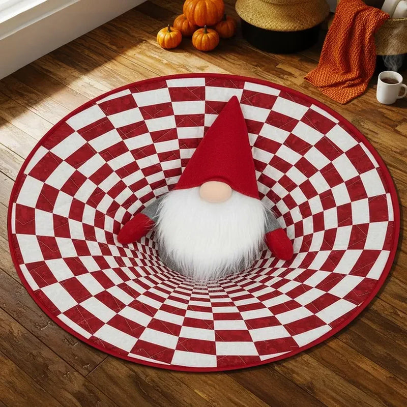Round rug with a red and cream checkerboard and gnome print on a wood floor