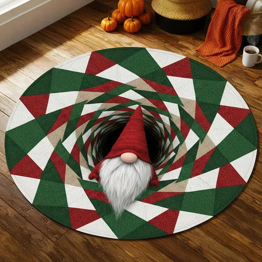 Round rug with a red, green and cream spiral and gnome print on a wood floor