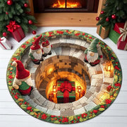 Round rug with a Christmas gnome and gift tunnel print in front of a fireplace