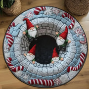 Round rug with an icy well and gnome print on a wood floor