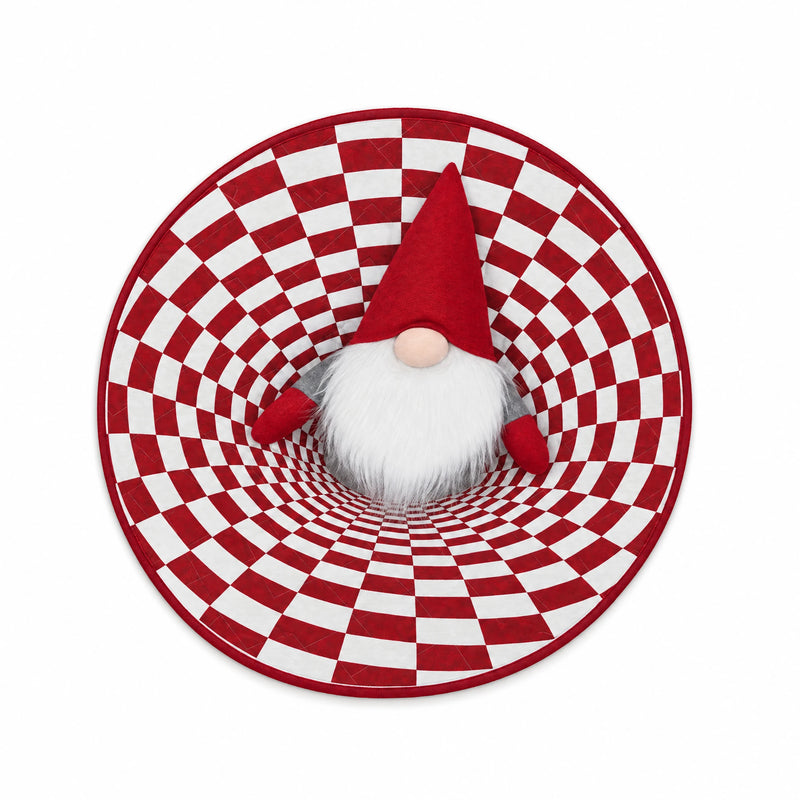 Round rug with a printed Gnome Checkerboard Tunnel design