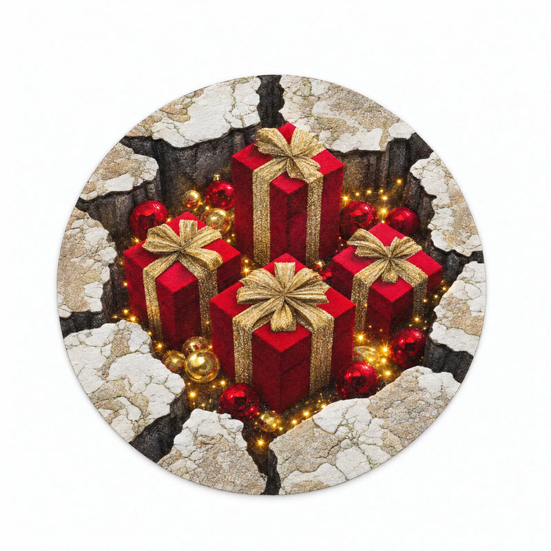 Round rug with a printed Christmas Gift Tunnel design