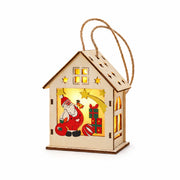 S1 — Santa and Gifts lighted wooden Christmas house ornament on a white background