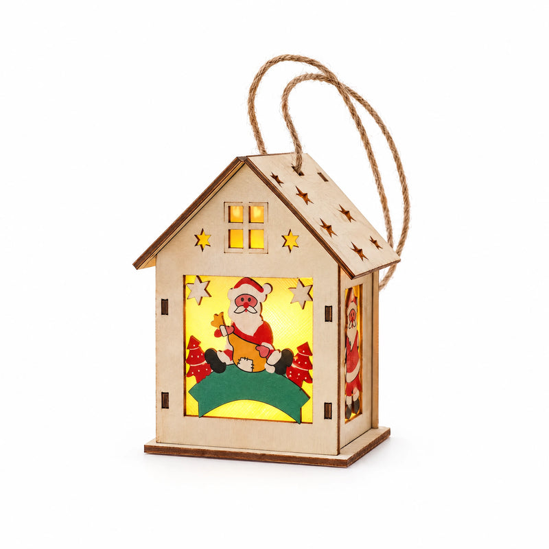 S2 — Santa and Trees lighted wooden Christmas house ornament on a white background