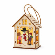 S3 — Snowman and Children lighted wooden Christmas house ornament on a white background