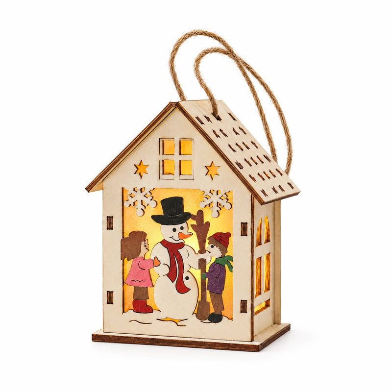 S3 — Snowman and Children lighted wooden Christmas house ornament on a white background