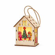 S4 — Christmas Tree and Children lighted wooden Christmas house ornament on a white background