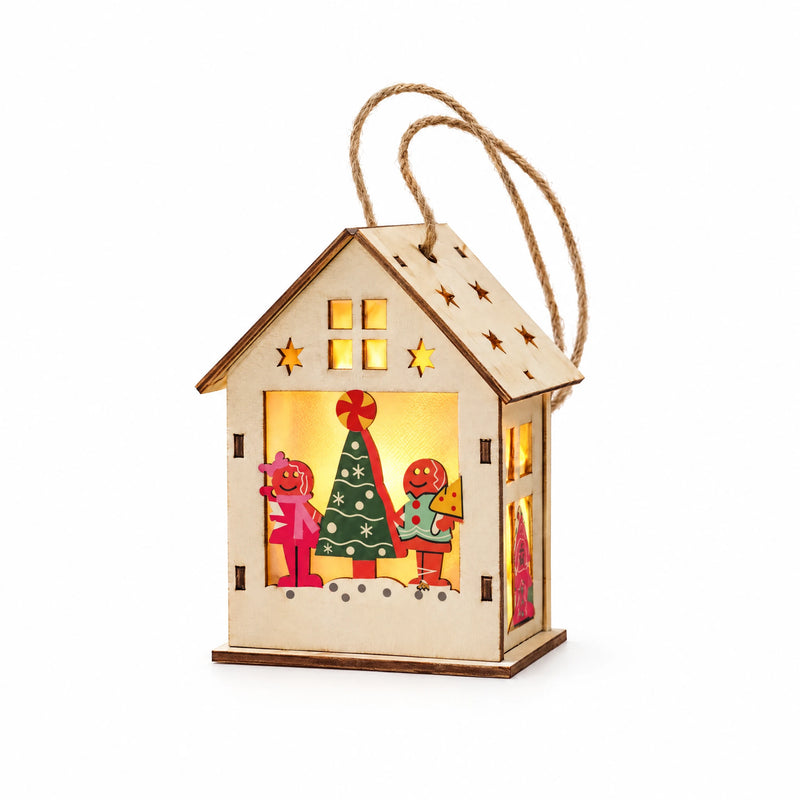 S4 — Christmas Tree and Children lighted wooden Christmas house ornament on a white background