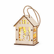 S5 — Snowman and Tree Cutout lighted wooden Christmas house ornament on a white background