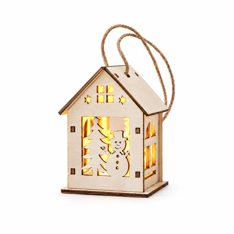 S5 — Snowman and Tree Cutout lighted wooden Christmas house ornament on a white background