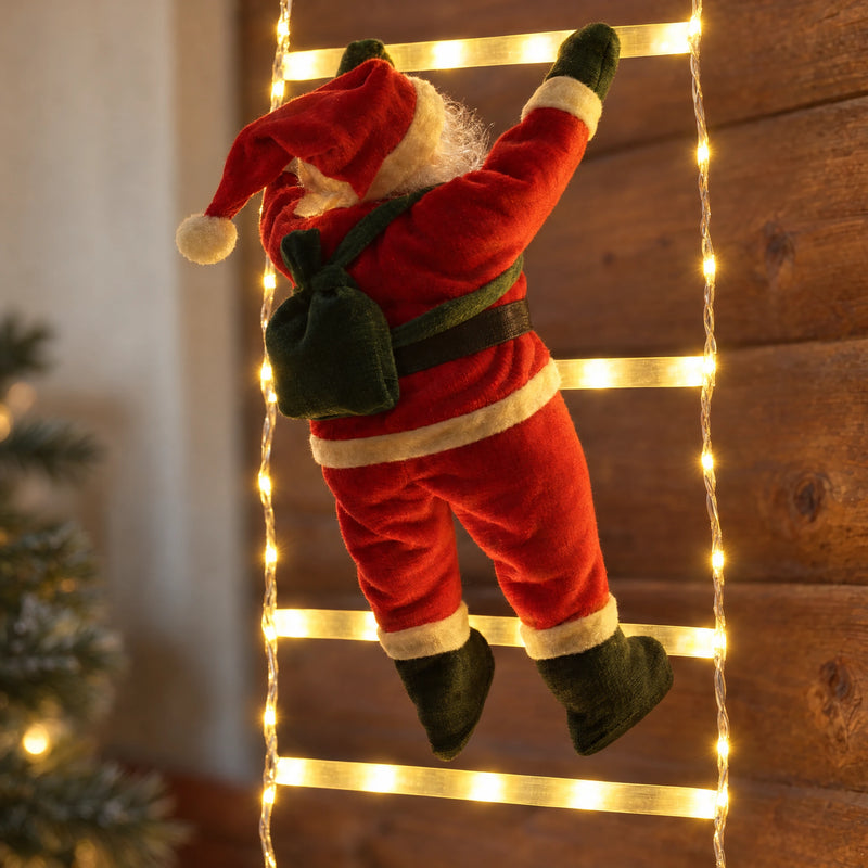 Detail of the textile Santa figure, dark belt and green mittens beside a lighted rung