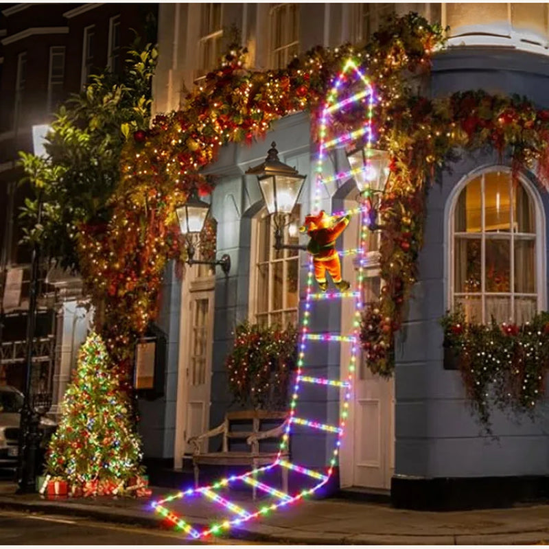 Three-meter Multicolor Santa Climbing Ladder Light beside windows on a festive facade