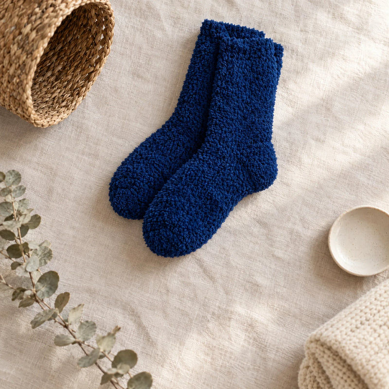 Flat lay of folded navy fleece socks with a seagrass basket and dried eucalyptus