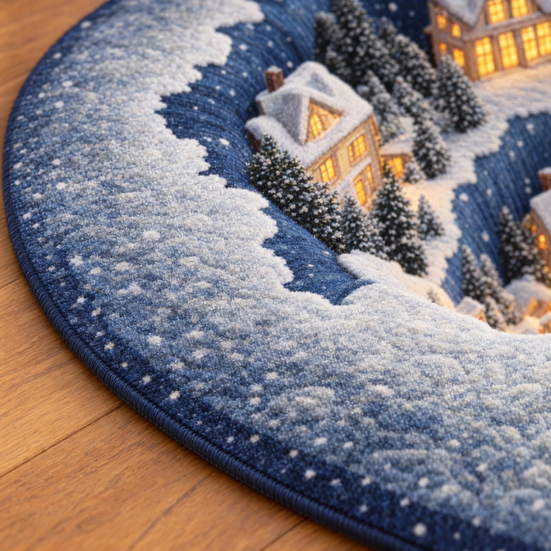 Close detail of the rug's blue snowy print, short-pile textile surface and finished edge