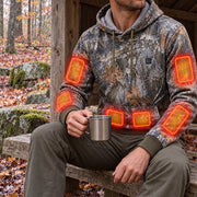 Man seated at a wooden shelter wearing a camouflage hoodie with illustrative red-orange heating zones.