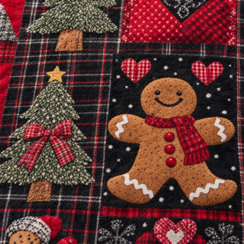 Close-up of the dark tartan print showing a gingerbread man in a red scarf and a plaid tree