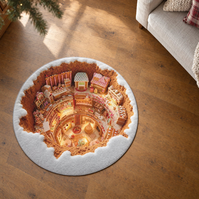 Overhead view of a 120 cm printed gingerbread village rug on a wood floor