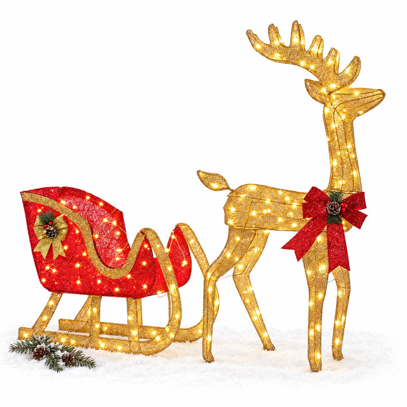Lighted Christmas Reindeer & Santa Sleigh Set — 2-Piece, Pre-Lit