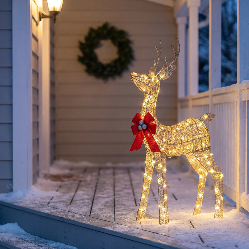 3 ft Lighted Christmas Reindeer — Gold Glitter Mesh, Pre-Lit