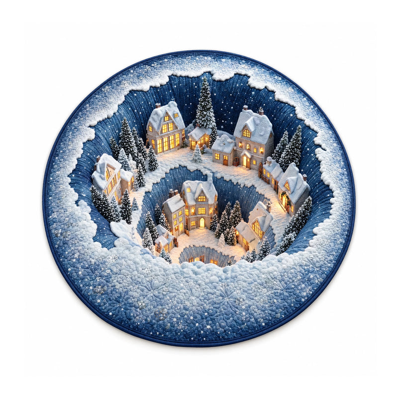 Color 3 clustered snowy village printed round rug, 80 cm diameter, on a white background